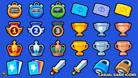 Collection of casual game icons featuring colorful 2D designs from LAYERLAB Shop for use in game development and app interfaces.