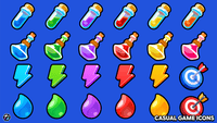 LayerLab Shop 2D casual game icons set, colorful and themed for mobile or computer game design, featuring various character and item icons.