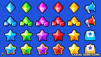 Set of 2D casual game icons with colorful, playful designs for use in mobile or digital game interfaces.