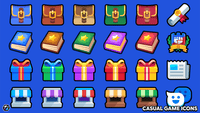 Set of casual game icons featuring colorful 2D illustrations, ideal for mobile and PC game design by LAYERLAB Shop.