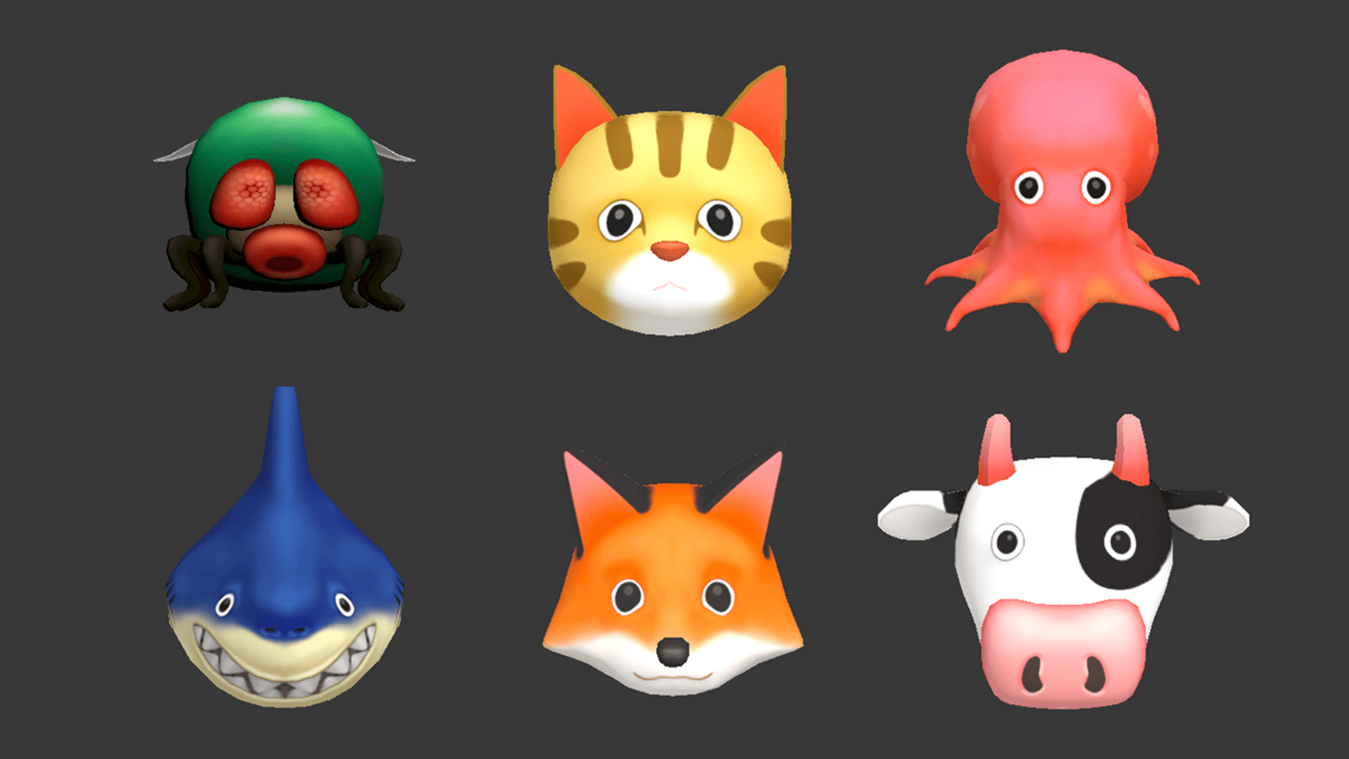 3D cartoon animal heads including fly, cat, octopus, shark, fox, and cow, stylized character collection, Layerlab, store.layerlab