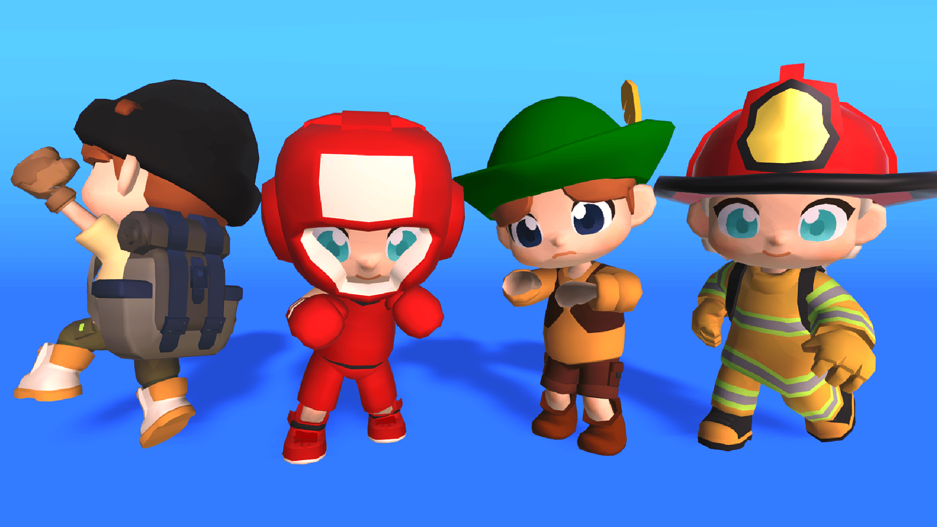 Cute 3D cartoon kid characters in red boxing suit, archer outfit, explorer gear, and firefighter uniform, Layerlab, store.layerlab