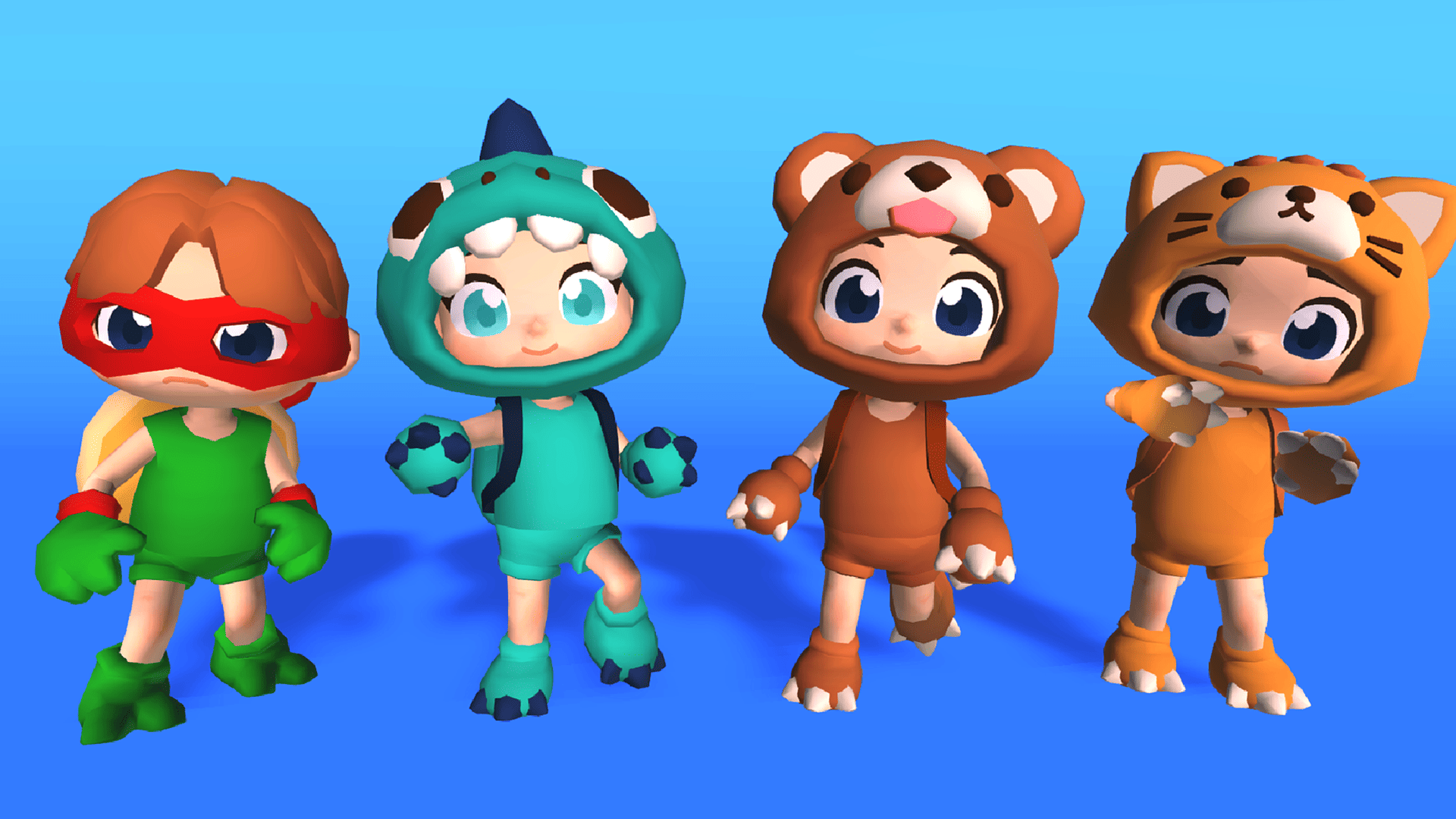 Cute 3D cartoon kid characters in animal onesies and hero outfits including dinosaur, bear, and tiger suits, Layerlab, store.layerlab