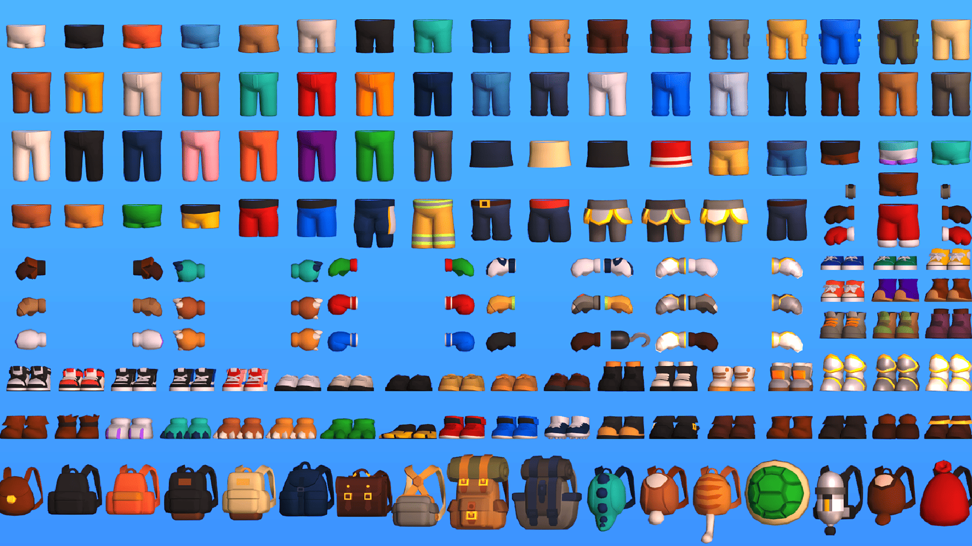 3D cartoon character clothing parts pack featuring shorts, gloves, boots, sneakers, and backpacks for casual stylized games, Layerlab, store.layerlab