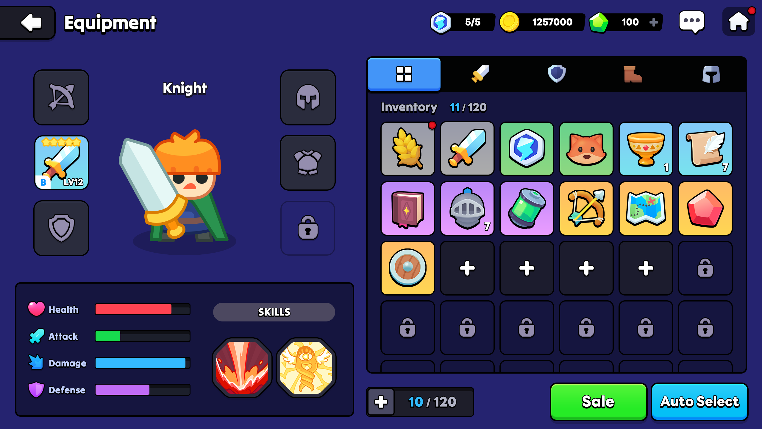 Equipment inventory UI showing character with sword and item slots filled with icons for gear, potions, scrolls, and energy, colorful 2D RPG layout, Layerlab, store.layerlab