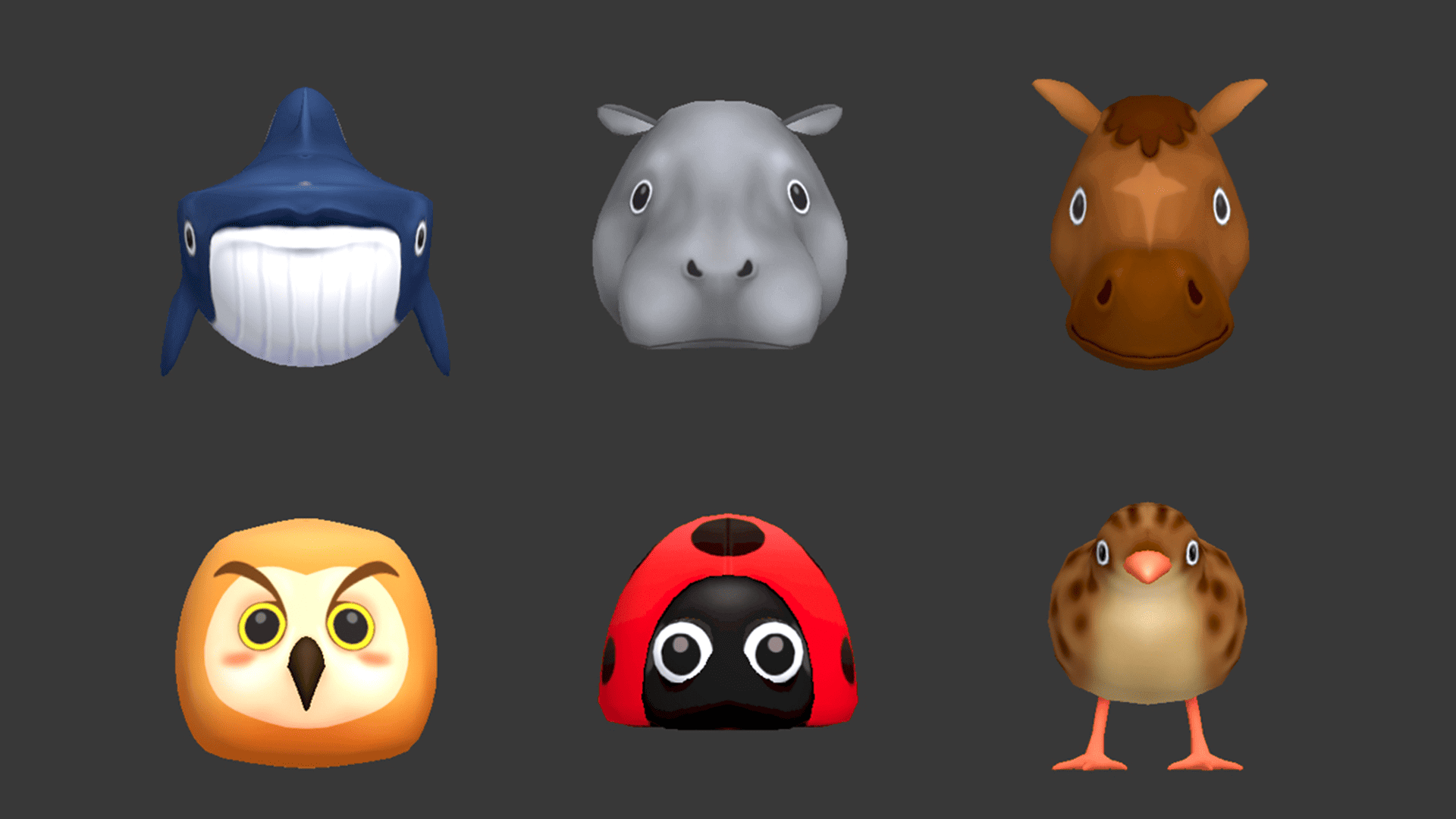 3D cartoon animal characters including whale, hippo, horse, owl, ladybug, and sparrow on dark background, Layerlab, store.layerlab
