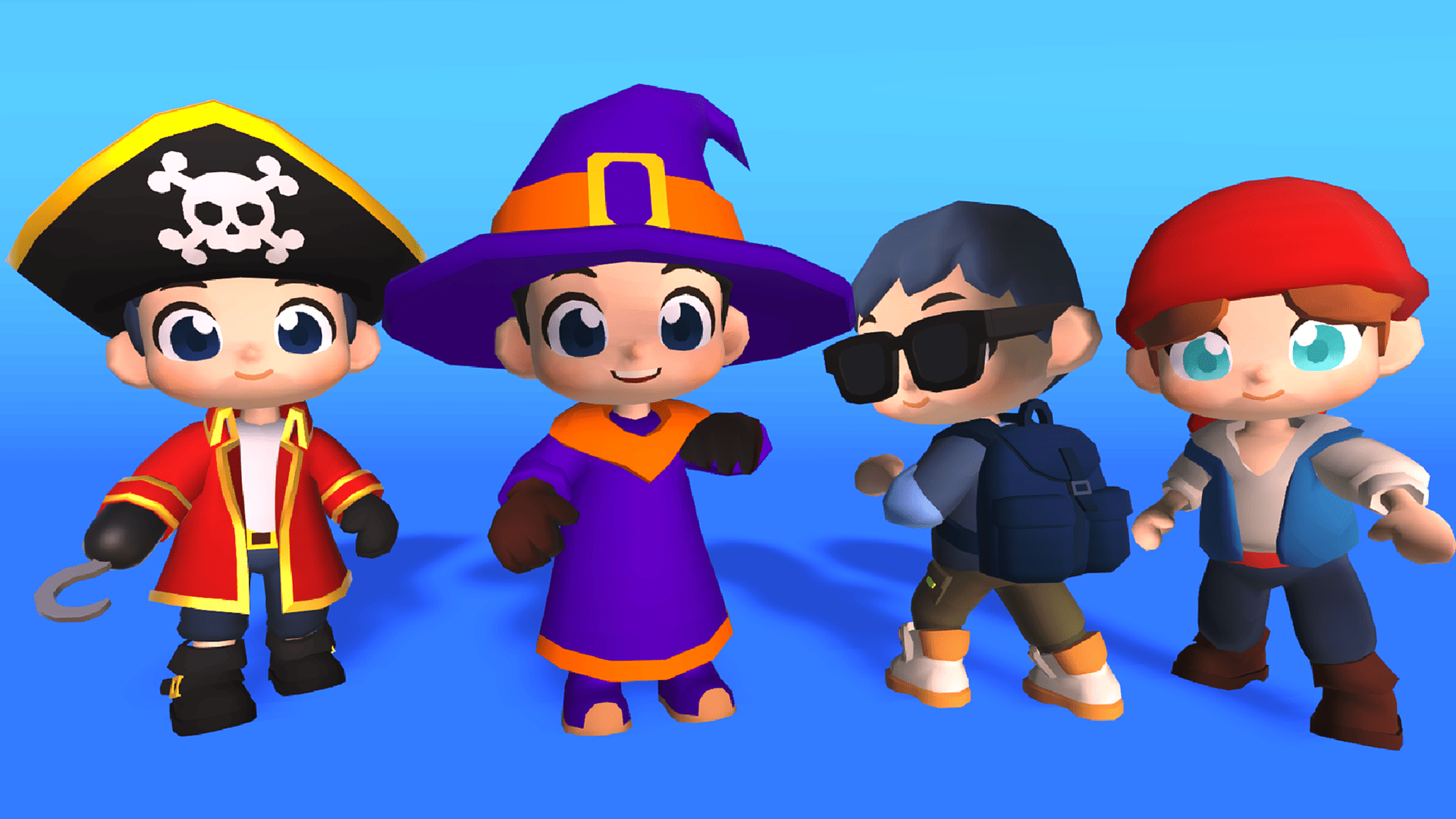 3D cartoon kid characters in pirate, wizard, traveler, and sailor outfits, fantasy adventure costume collection, Layerlab, store.layerlab