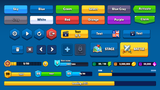 Casual game GUI kit interface showcasing buttons and loading bars with various color options.