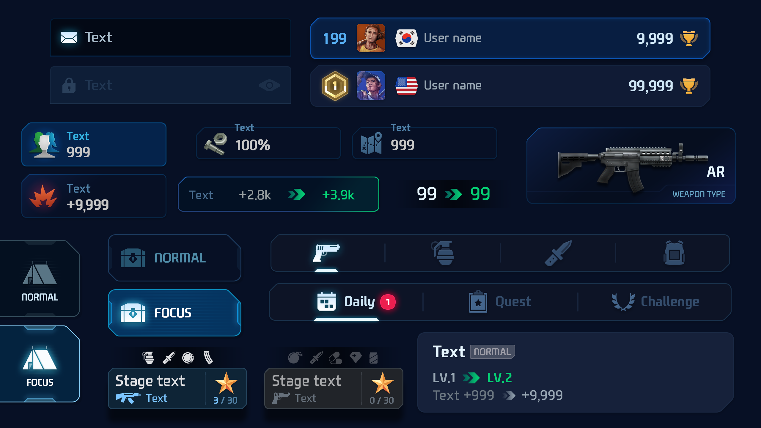 GUI Pro - Survival Clean interface illustrating survival game UI kit with focus elements and weapon type details.
