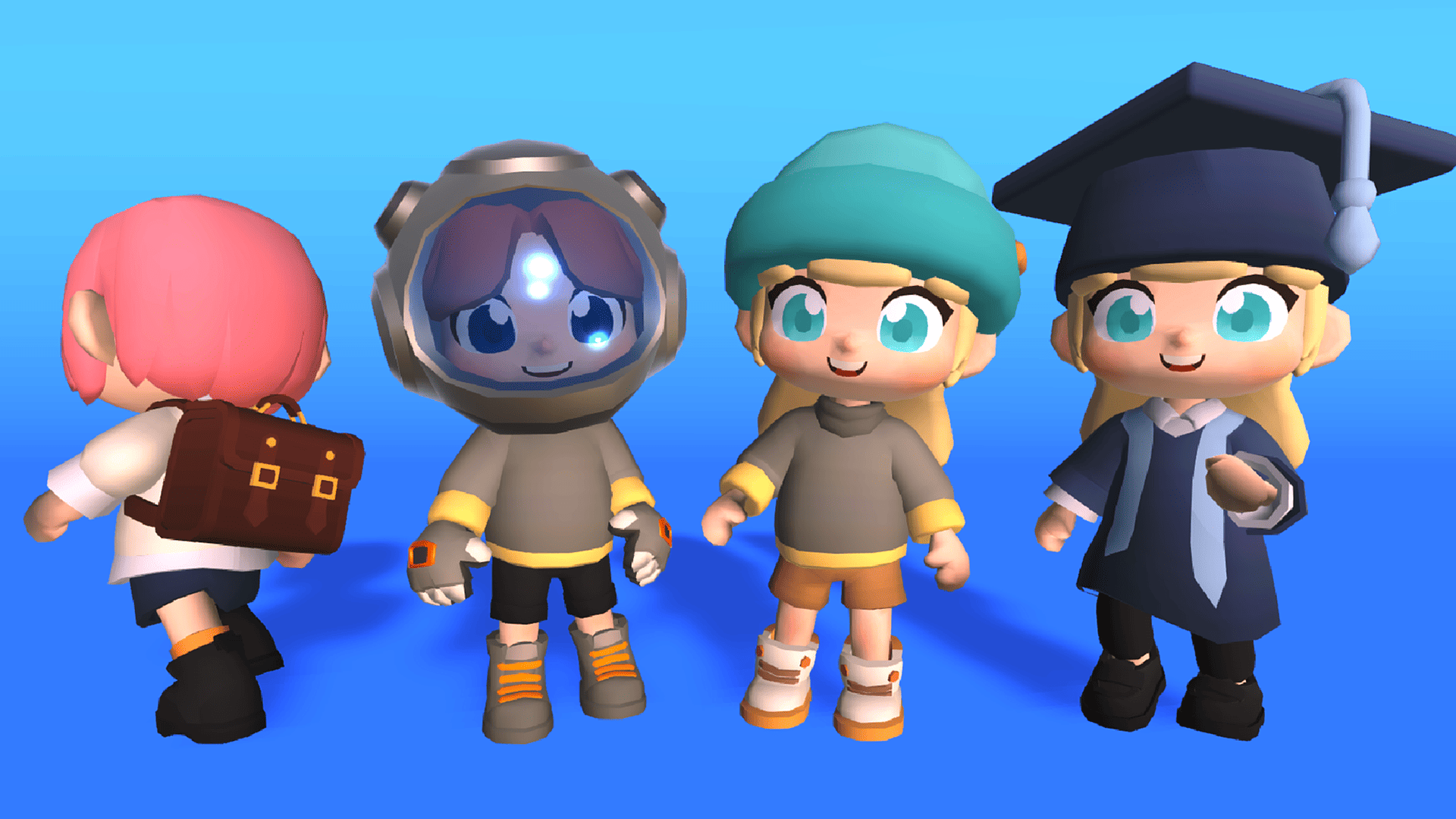3D stylized cartoon kid characters in various costumes including school backpack, astronaut helmet, beanie hat, and graduation robe, Layerlab, store.layerlab