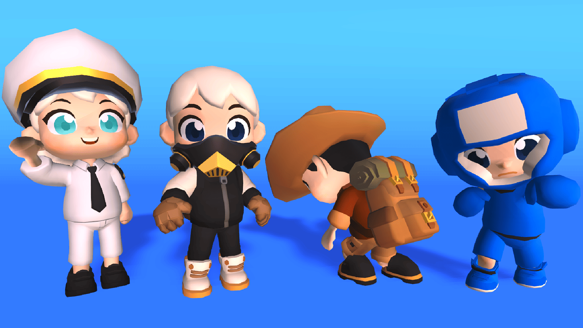 3D cartoon kid characters in sailor, masked hero, cowboy, and blue robot costumes, stylized casual game outfit set, Layerlab, store.layerlab