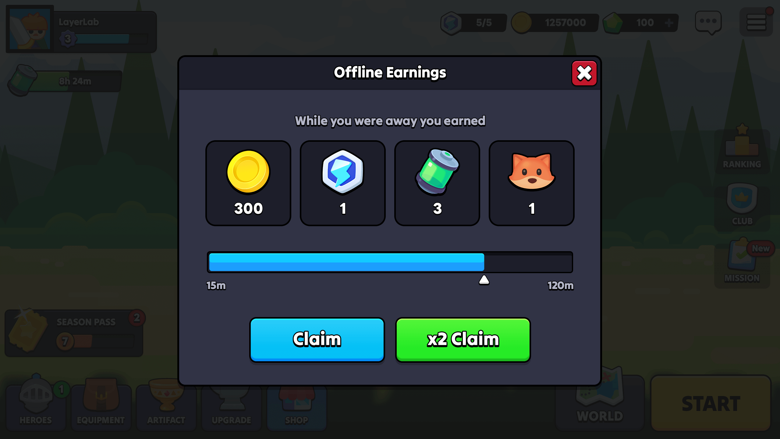 Offline reward popup UI showing earned gold, energy, and items while the player was away, with claim and double claim buttons, casual RPG interface, Layerlab, store.layerlab