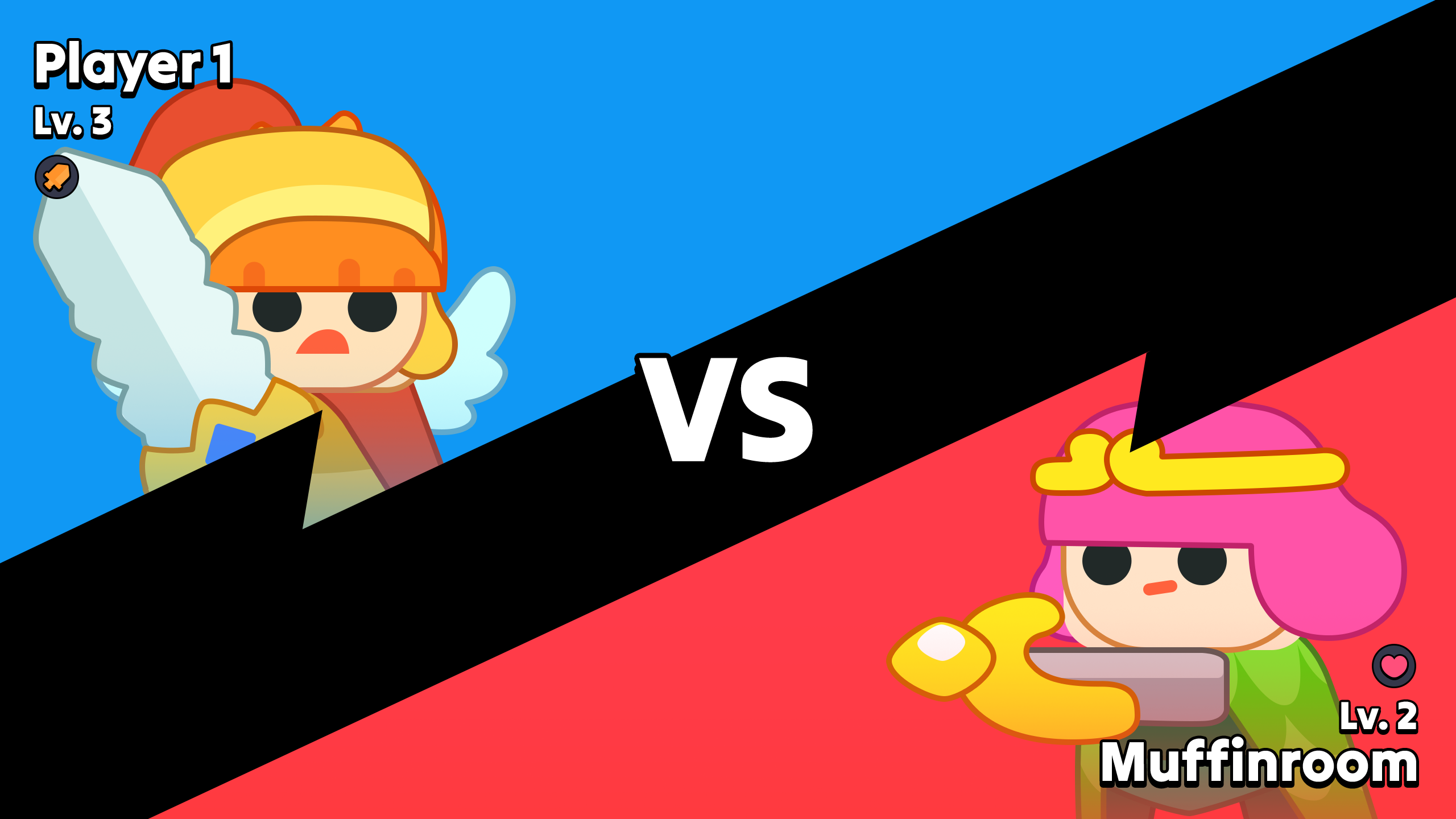 Versus screen showing two cartoon characters facing each other, Player 1 vs Muffinroom, bright blue and red background battle intro UI, Layerlab, store.layerlab
