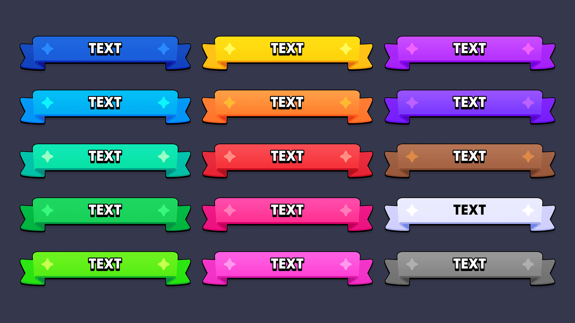 Colorful banner ribbons in blue, yellow, orange, pink, green, and purple variations for 2D stylized game