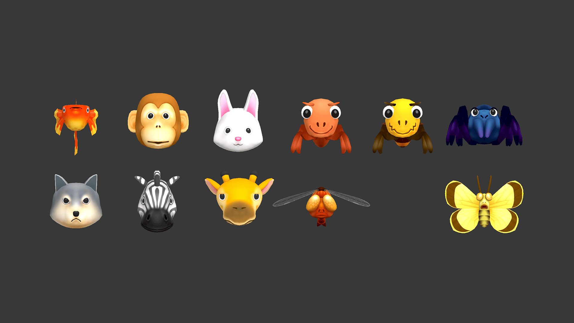 3D cartoon animal head and insect model set including goldfish, monkey, rabbit, giraffe, zebra, butterfly, and spider, Layerlab, store.layerlab