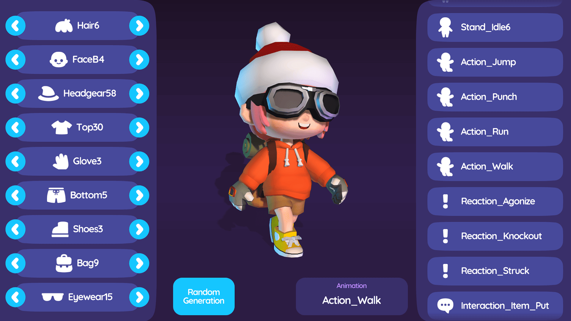 3D character customization interface with animation and outfit selection menu, featuring stylized cartoon avatar with backpack and goggles, Layerlab, store.layerlab