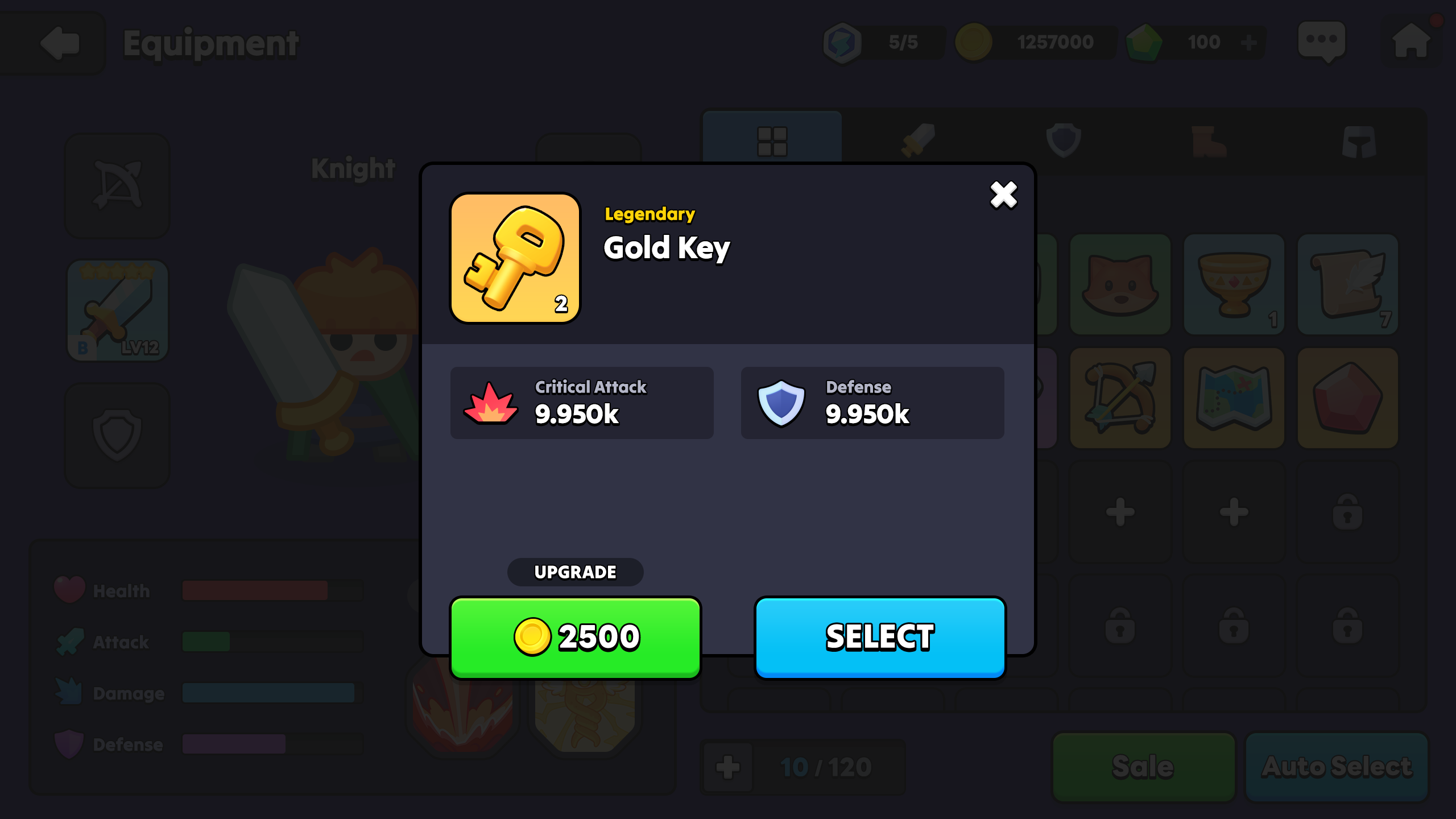 Item detail popup UI showing gold key equipment with critical attack and defense stats, upgrade and select buttons, Layerlab, store.layerlab