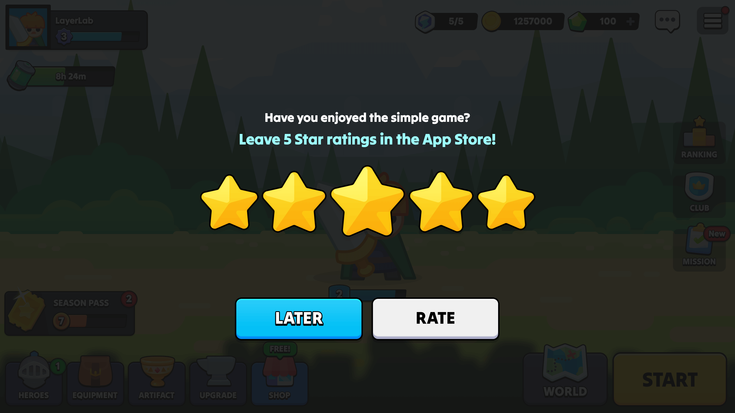 Colorful 2D popup UI showing five golden stars with “Leave 5 Star ratings in the App Store!” message for casual mobile game rating screen, Layerlab, store.layerlab