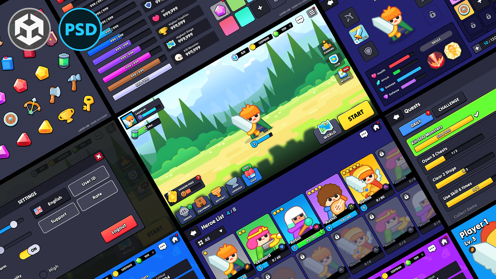 Colorful 2D fantasy game UI pack featuring buttons, icons, progress bars, hero cards, and quest menus in a stylized cartoon interface for mobile RPGs, Layerlab, store.layerlab