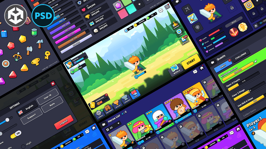 Colorful 2D fantasy game UI pack featuring buttons, icons, progress bars, hero cards, and quest menus in a stylized cartoon interface for mobile RPGs, Layerlab, store.layerlab