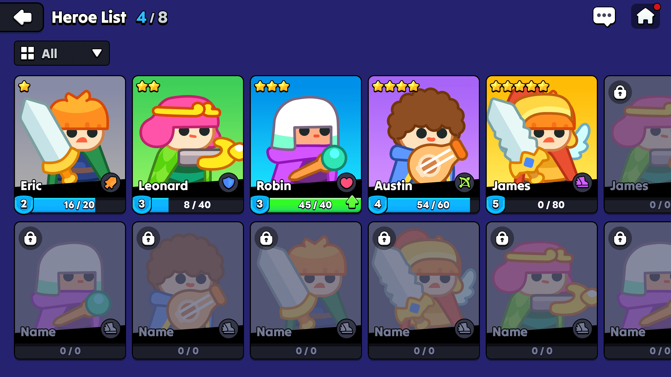 Character collection screen showing hero cards with different classes and star ratings in a 2D casual RPG interface, Layerlab, store.layerlab