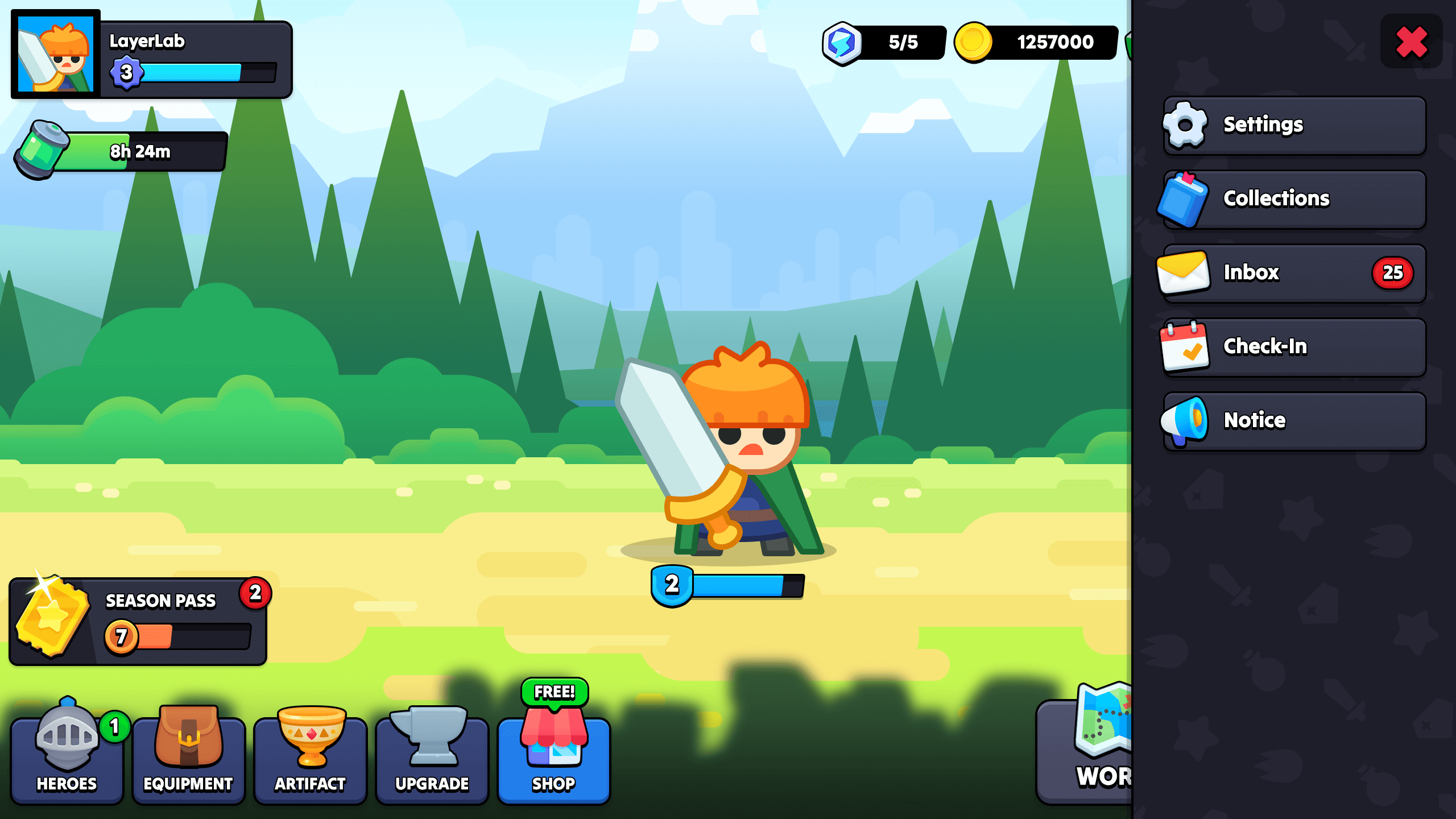 Stylized game menu UI with sidebar showing settings, inbox, check-in, and notice icons on 2D casual RPG lobby screen, Layerlab, store.layerlab