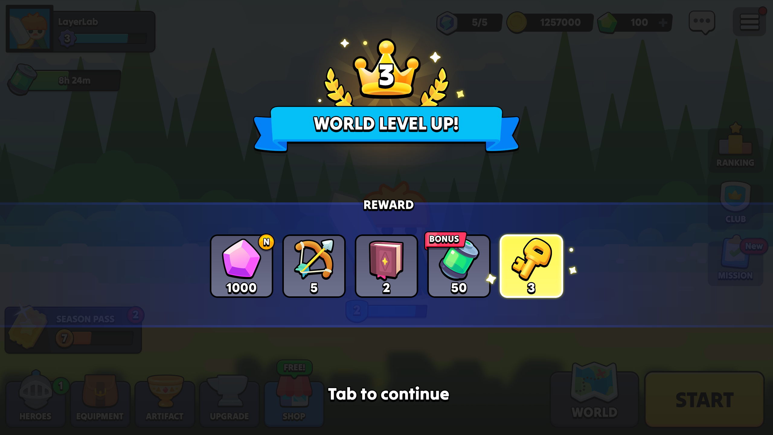 World level up reward popup showing gems, bow, book, potion, and key items with glowing effects in a 2D fantasy RPG interface, Layerlab, store.layerlab