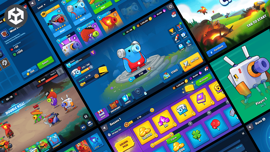 Colorful interface of the GUI Pro casual game kit showcasing gameplay elements and character customization options.