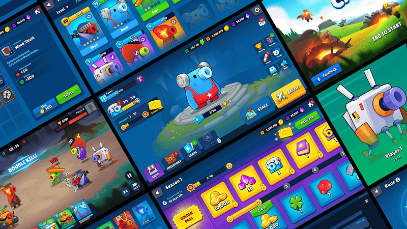 Interface design for GUI Pro casual game in PSD format, featuring colorful game elements and user interface components.