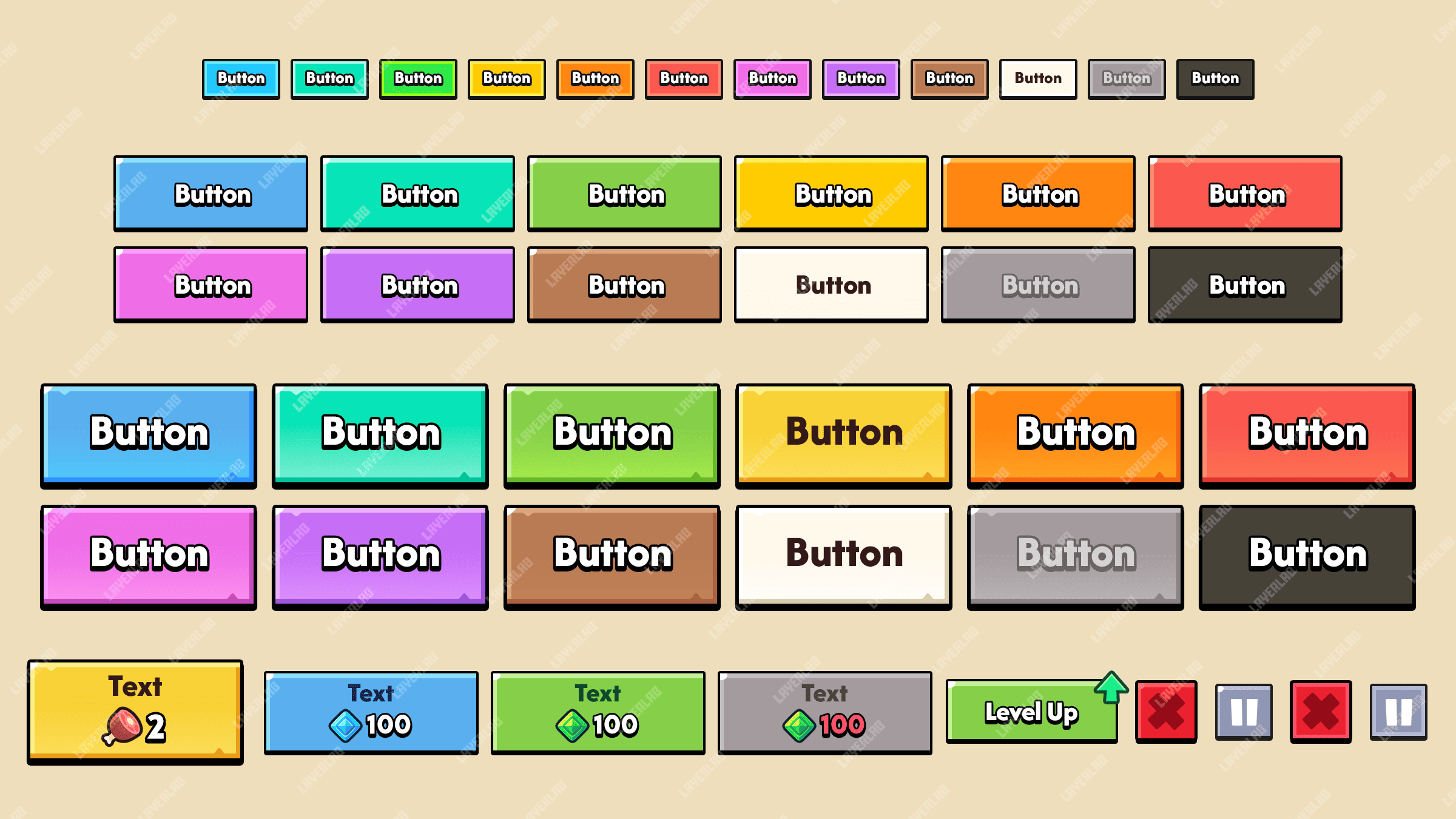 Multi-Color and Size Button PSD by LAYERLAB – customizable game UI buttons in various colors