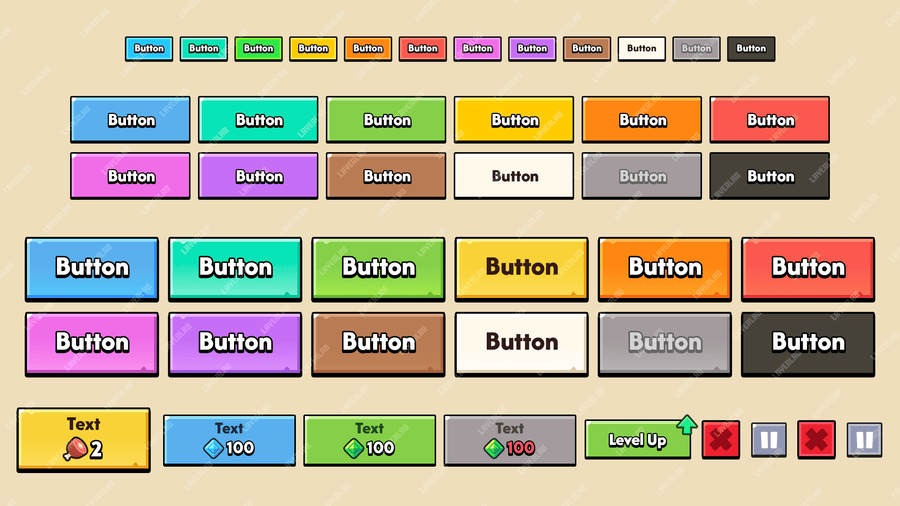 Multi-Color and Size Button PSD by LAYERLAB – customizable game UI buttons in various colors