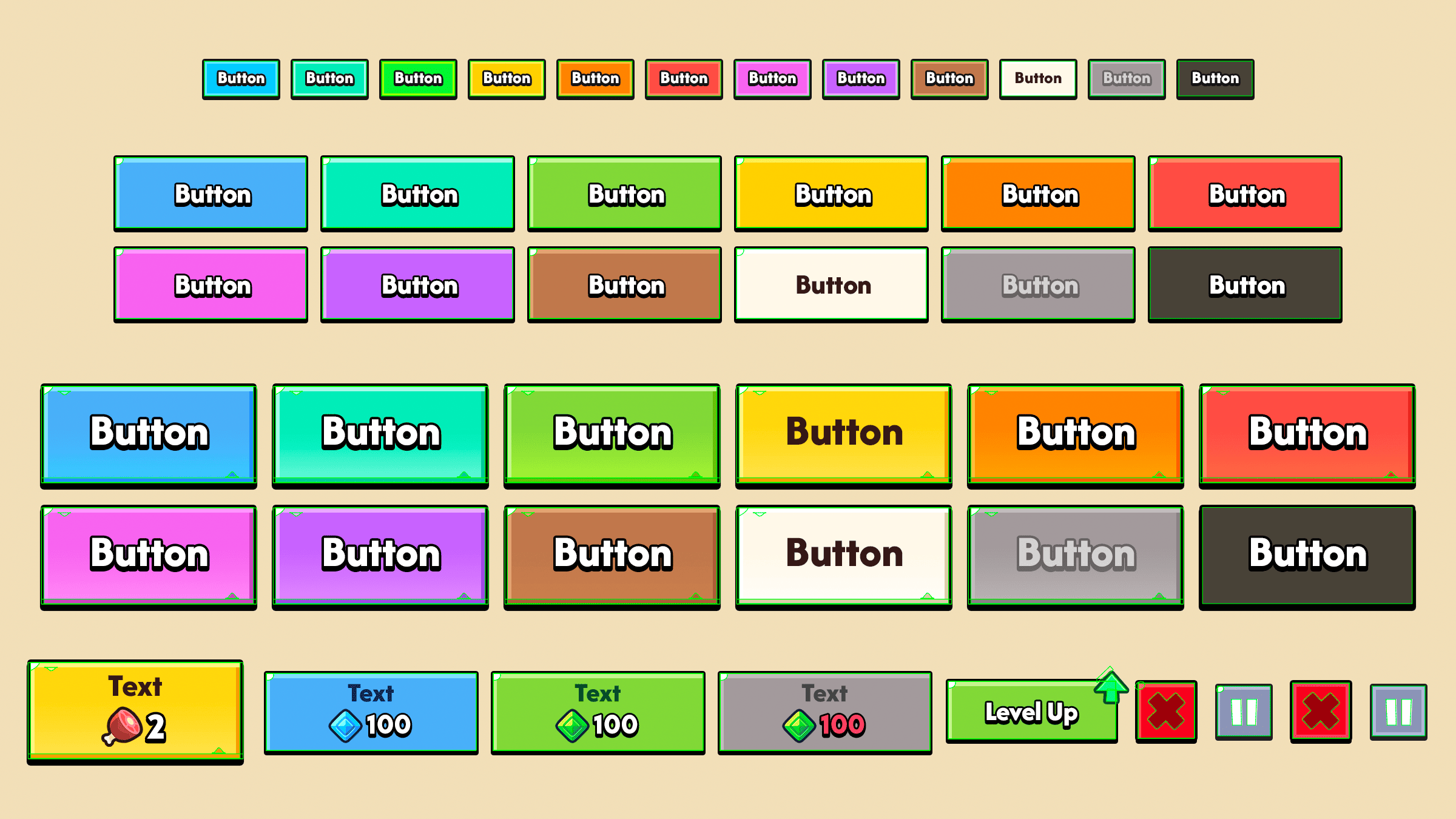 Game button variations – multiple sizes and colors for mobile game interface design