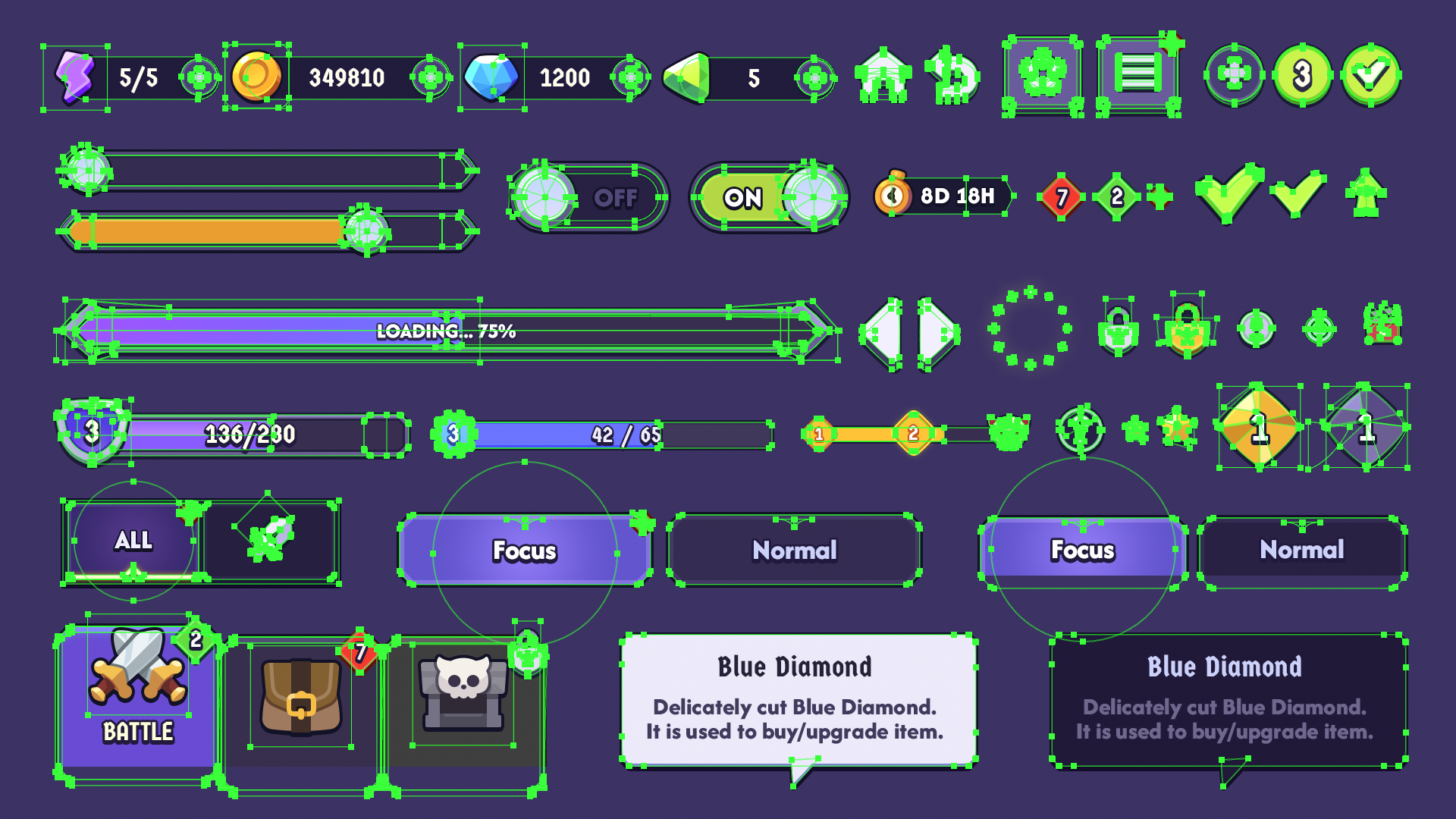 Game UI button styles – flat design buttons in multiple colors and sizes for mobile games