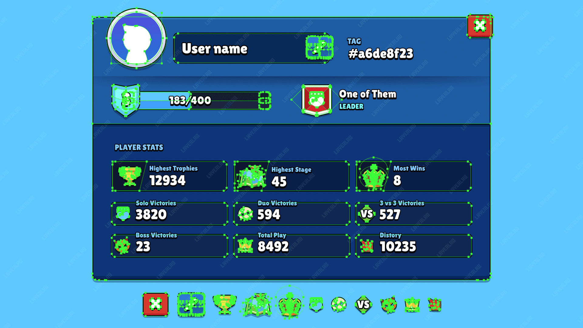 User profile UI components – stats display, avatar frame and rank elements for games