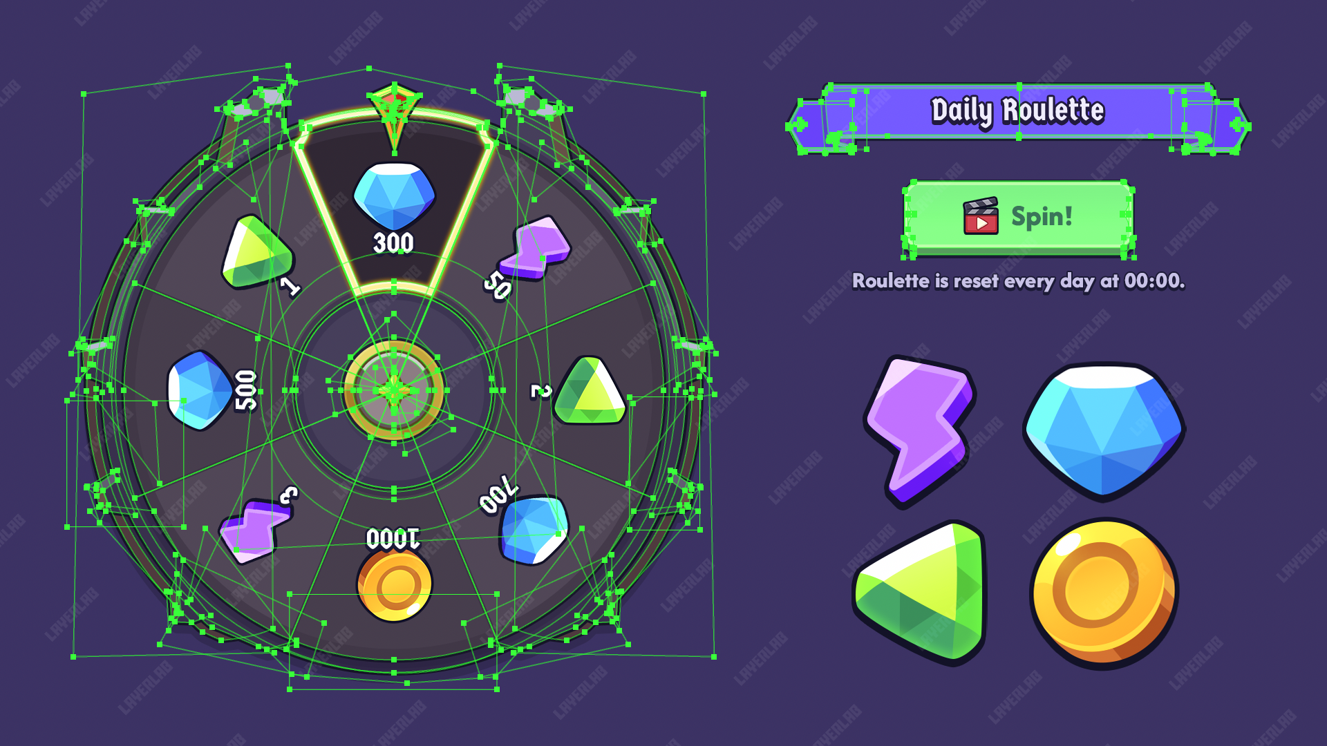 Daily roulette game UI – lucky spin wheel with prizes and reward popup design