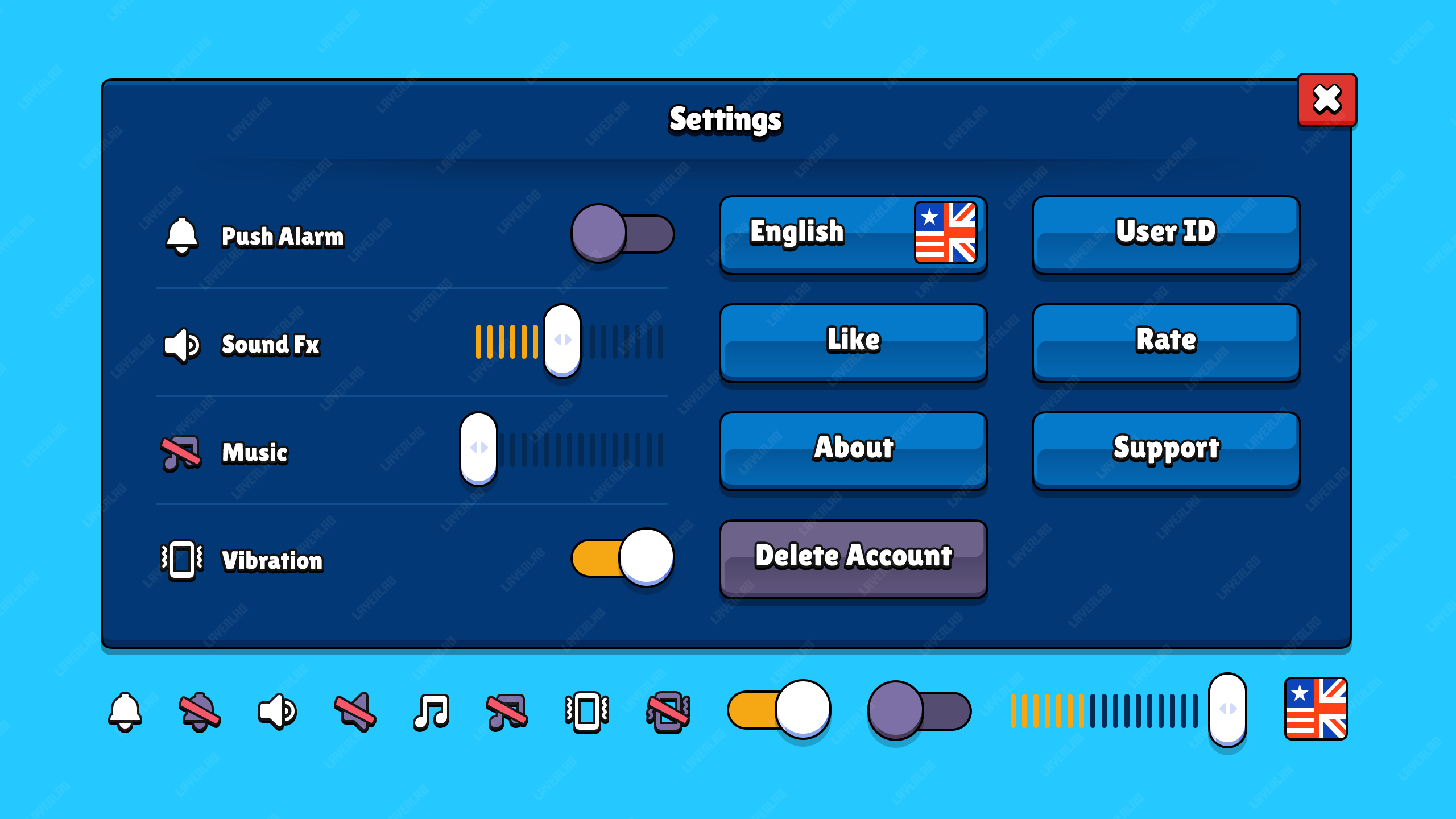 Settings Screen PSD Template by LAYERLAB – game settings menu and options UI design