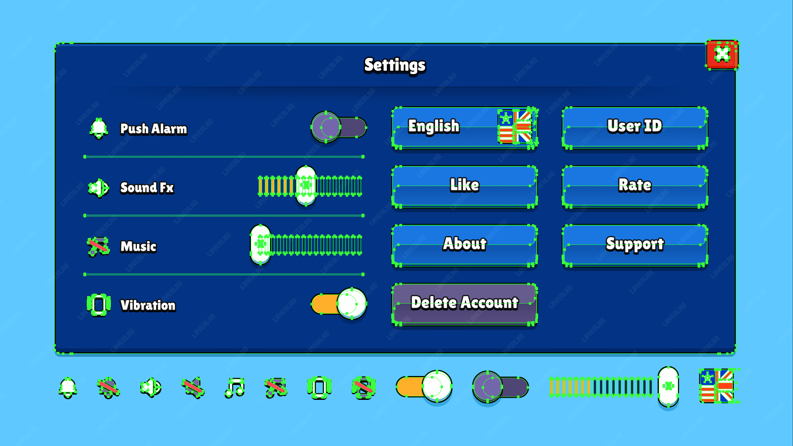 Game settings UI components – volume sliders, toggle switches and menu layout template