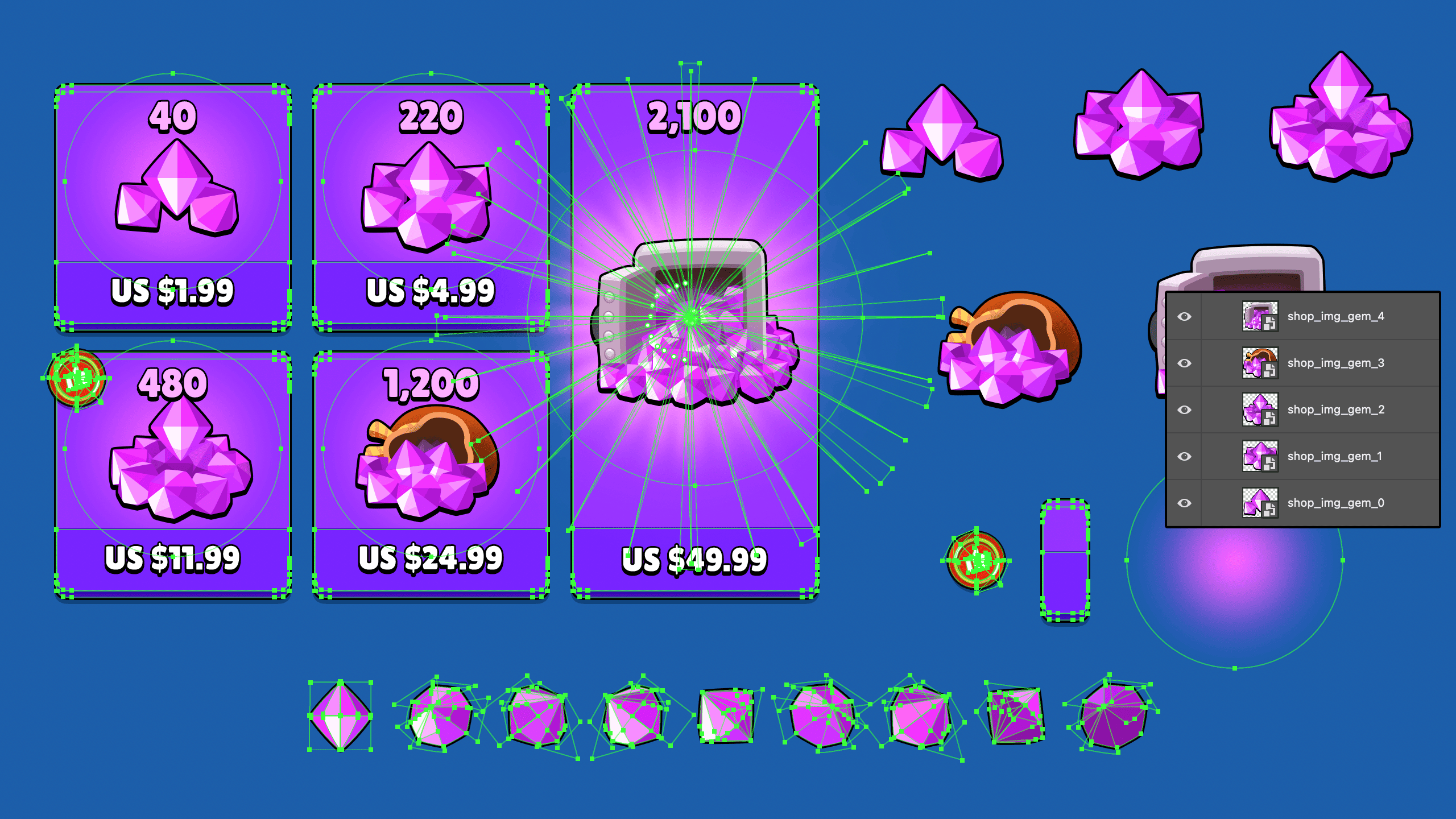 Gem shop UI design – crystal and gem bundles with price tags for game monetization