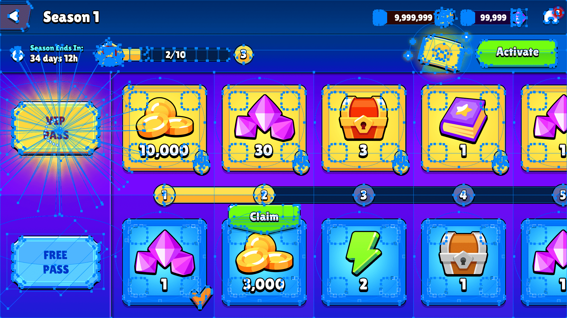 Layer Store Battle Pass UI PSD template interface showing vibrant game battle pass design with vector graphics.