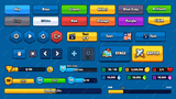 Game button and UI elements PSD template from LAYERLAB Shop, featuring colorful interface buttons and icons for game design.