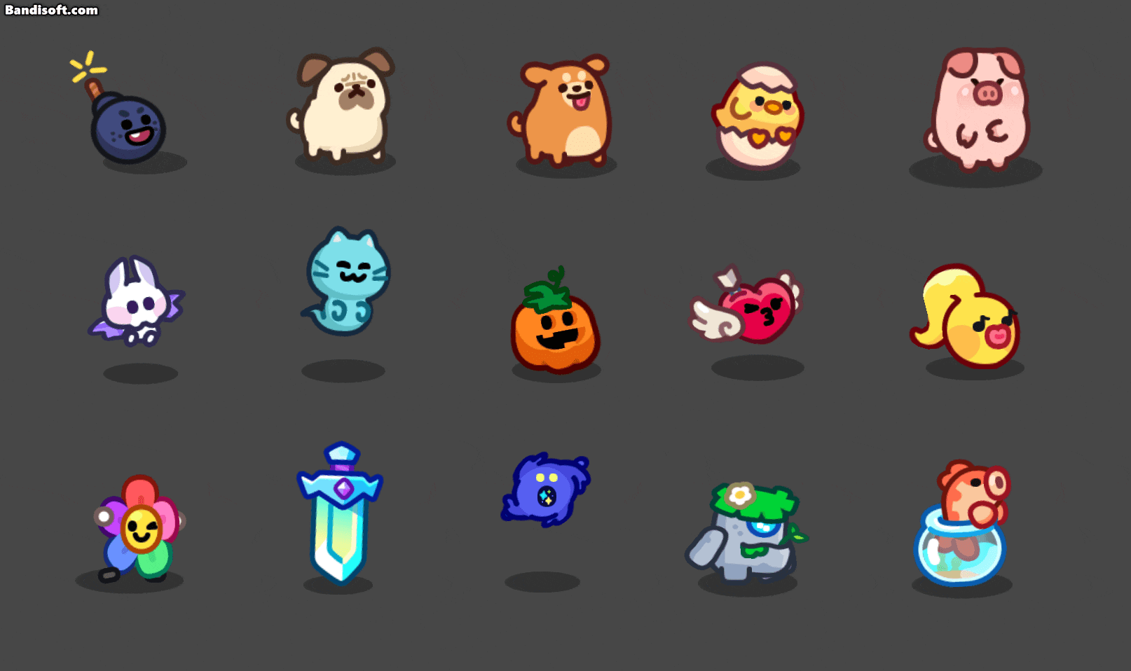 LayerLab 2D game pet character assets featuring clean silhouettes and friendly expressions