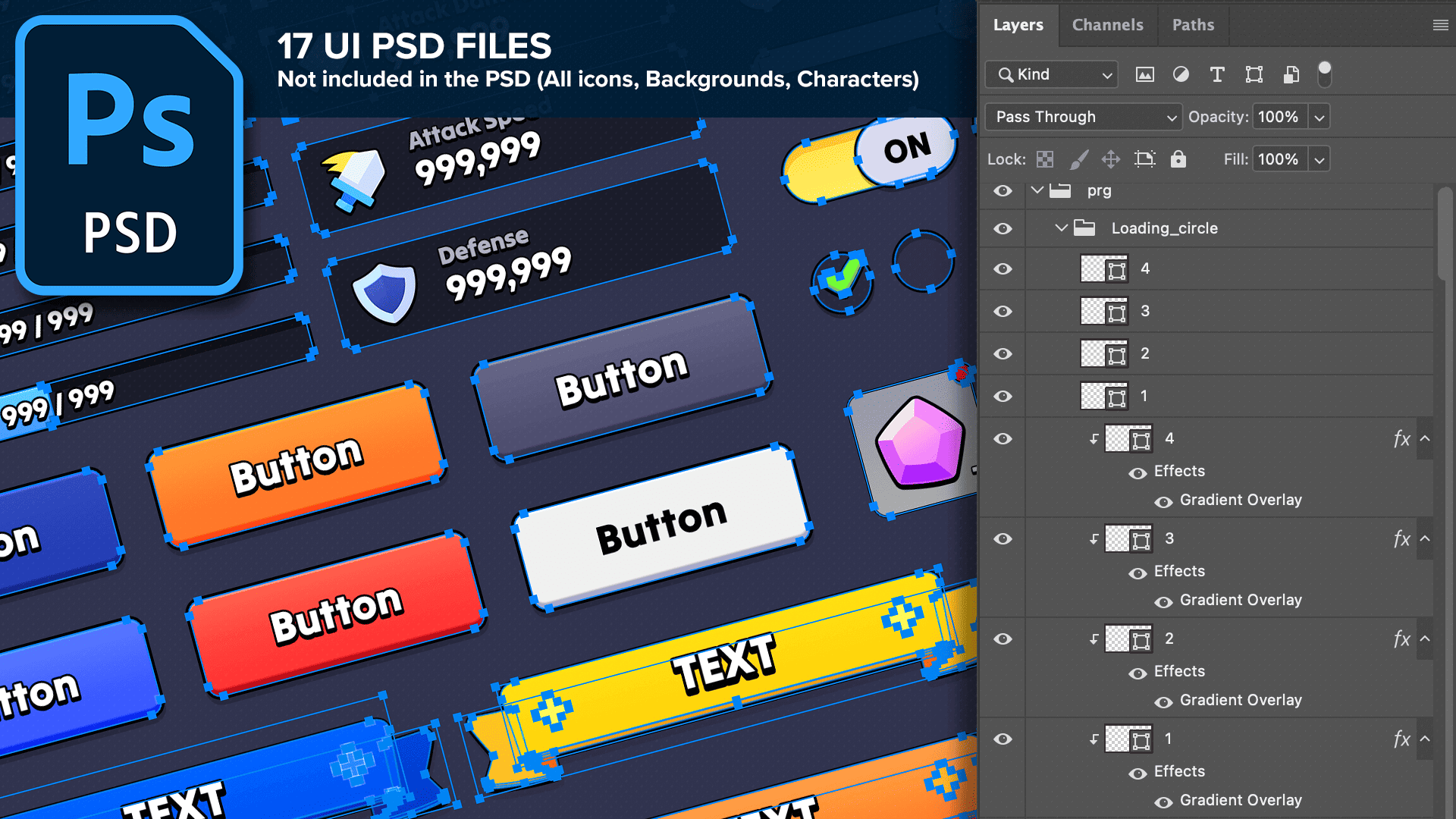Editable PSD file preview showing 2D game UI elements such as buttons, bars, icons, and labels with organized Photoshop layers and gradient overlays, Layerlab, store.layerlab