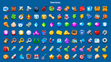 Colorful item icons for casual game GUI kit featuring various shapes and designs.