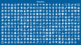 Collection of white picto icons on blue background, showcasing various symbols for casual game GUI kit.