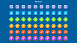 Colorful rune icons arranged in a grid, featuring various shapes and symbols for a casual game GUI kit.