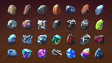 Fantasy ore icons set by LAYERLAB Shop, featuring colorful 2D icons of various fantasy-style mineral and ore items.