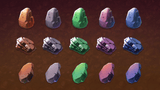 2D fantasy ore icons set by LAYERLAB Shop, featuring colorful gemstone and mineral illustrations on a neutral background.
