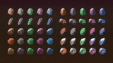 Fantasy ore icon set from LAYERLAB Shop, featuring colorful 2D icons of various fantasy-style mineral and ore items.