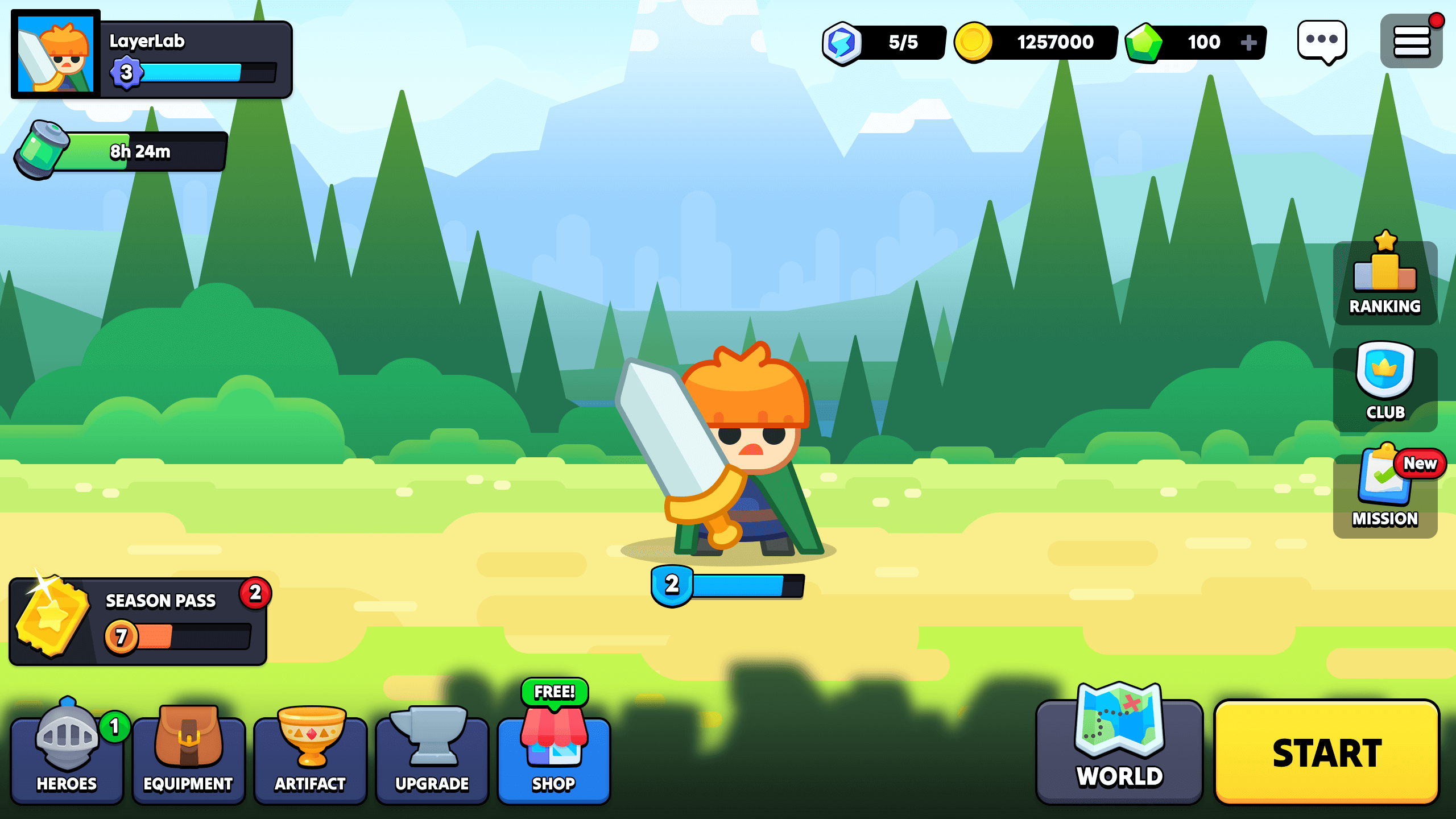 Main lobby screen UI for 2D fantasy idle RPG showing character with sword, start button, and top resource bar (gold, gems, energy), Layerlab, store.layerlab