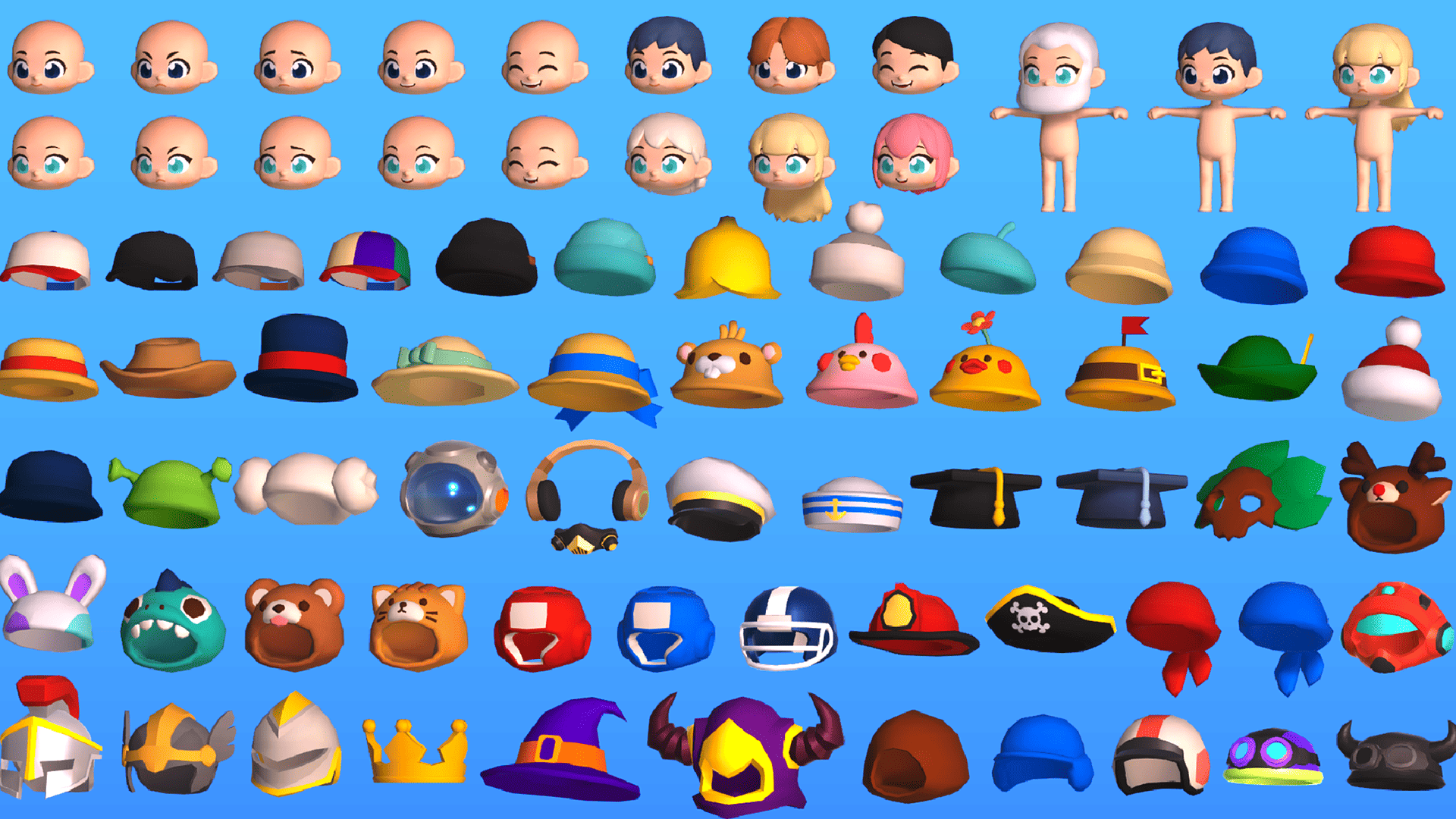 3D stylized character heads and hats collection, including various facial expressions, hairstyles, helmets, caps, fantasy hats, and accessories for cartoon games, Layerlab, store.layerlab